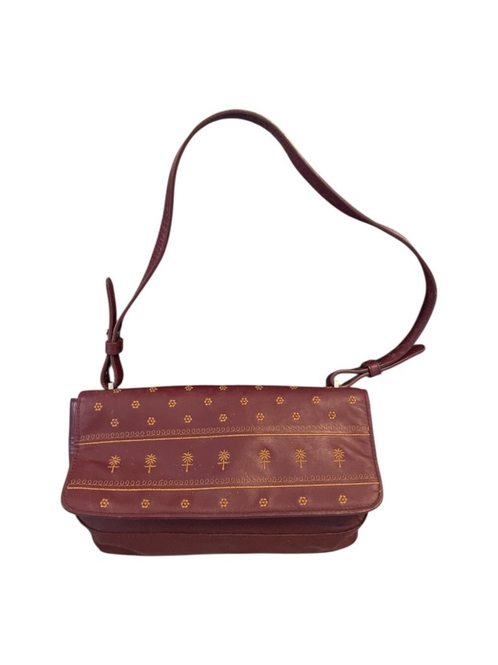 Adrienne Vittadini Burgundy Leather Shoulder Bag Floral Palm Tree Embossed